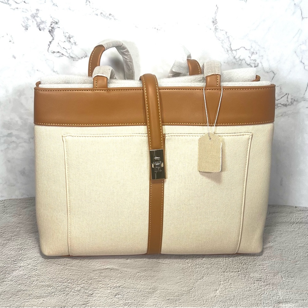 Beige and brown Leather/Canvas Tote Bag